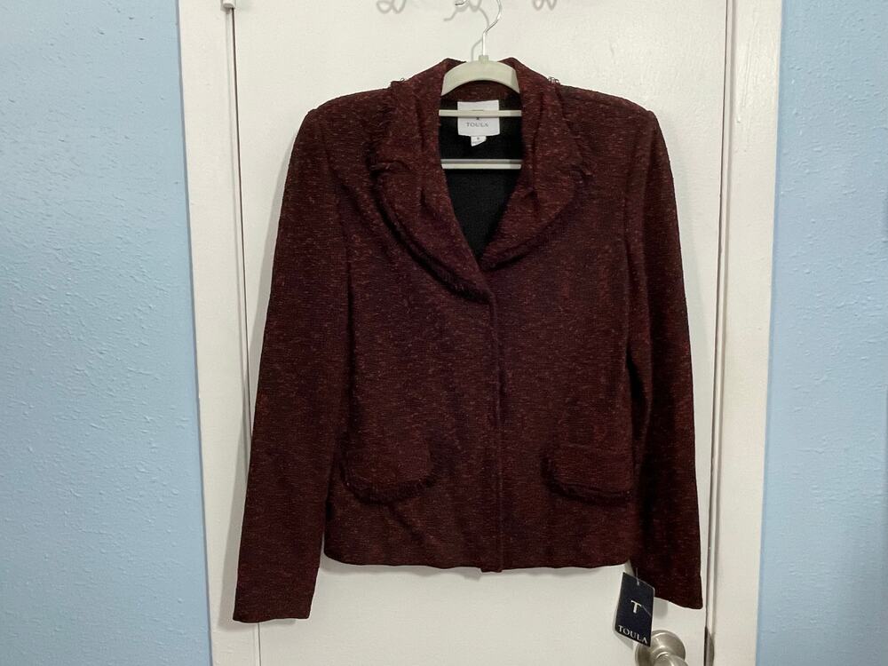Toula Jacket Size 6 Red Knit Wool Blend Ruffled Collar Office Preppy Twee NWT